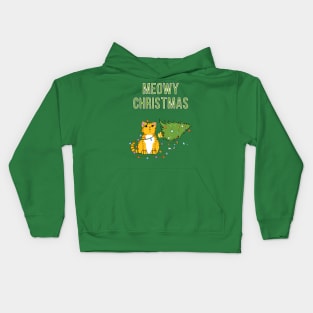 Meowy Christmas Tabby Cat Knocked Over Xmas Tree Kids Hoodie